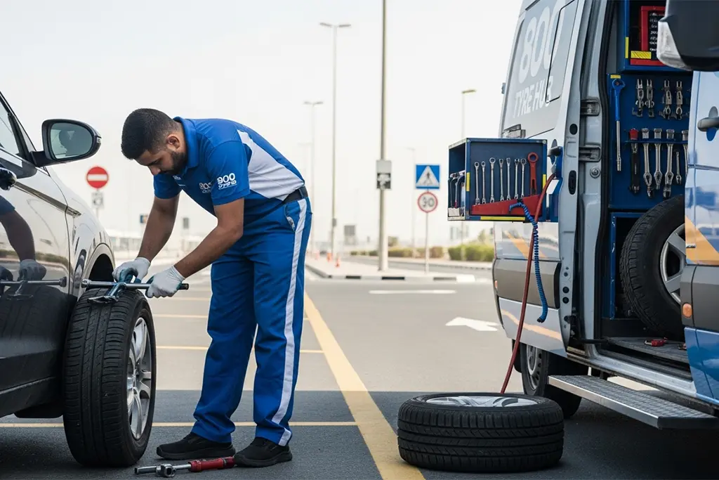 Roadside tyre repair technician fixing a tyre at the breakdown location in Ajman