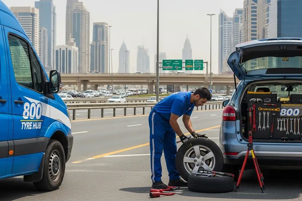 Technician performing roadside tyre repair service in Dubai
