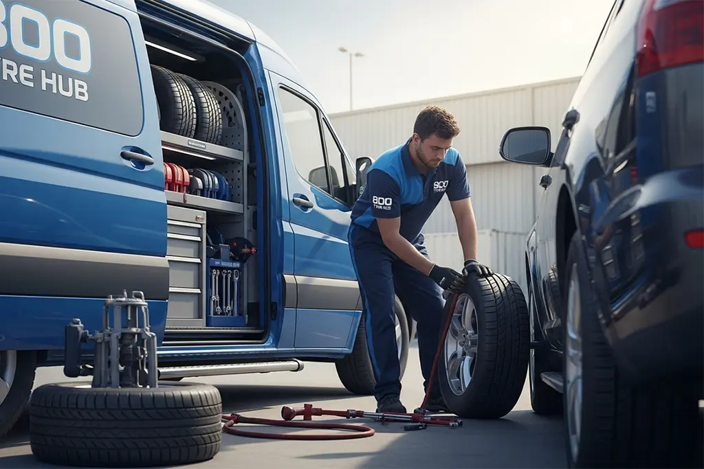 Technician repairing a punctured car tyre on-site in Ajman using mobile puncture repair service
