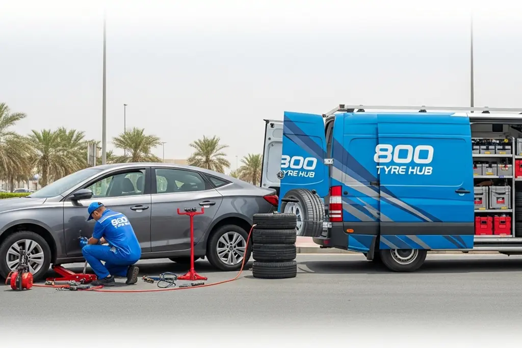 Technician repairing a punctured car tyre on-site in Ras Al Khaimah using mobile puncture repair service