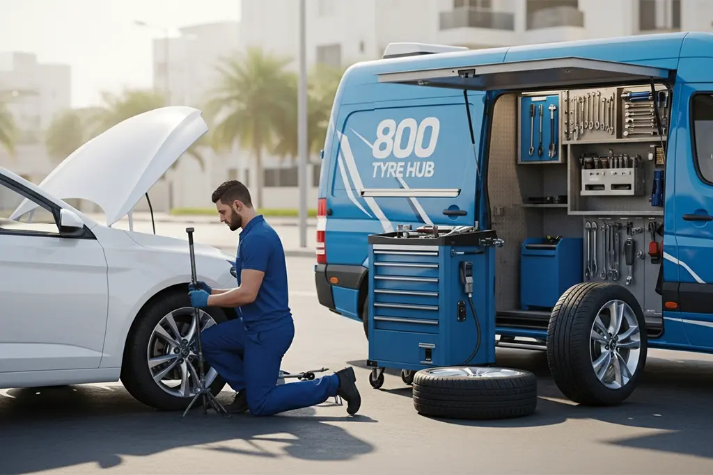 Mobile tyre repair technician providing on-site tyre repair at the customer’s location in Abu Dhabi