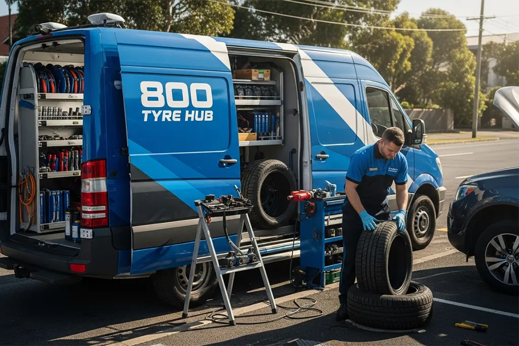 Technician performing mobile tyre repair at customer’s location in Sharjah