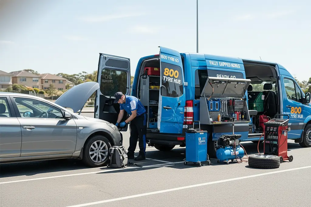 Technician repairing a punctured car tyre on the roadside using a mobile puncture repair service
