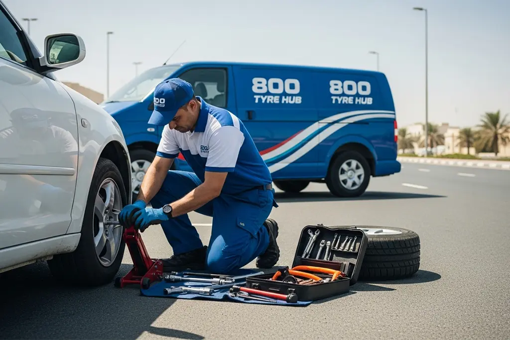 Technician performing roadside flat tyre repair service in Dubai