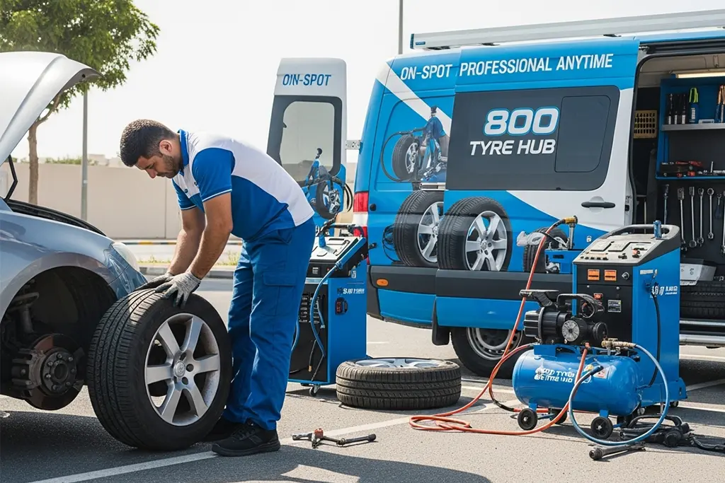 Technician replacing and repairing a car tyre during 24-hour tyre puncture repair service