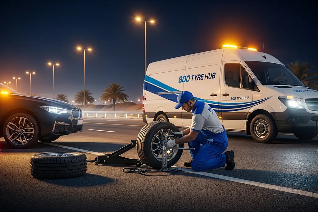 Technician providing emergency tyre replacement service in Dubai for a stranded vehicle