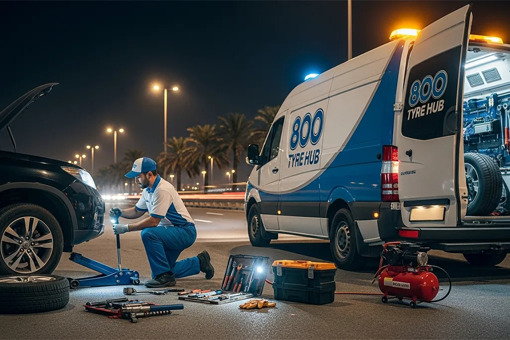 Technician providing 24/7 tyre assistance with on-site support for punctures and tyre issues across the UAE