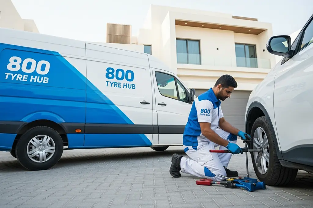 Technician performing at-home flat tyre repair service in Ras Al Khaimah
