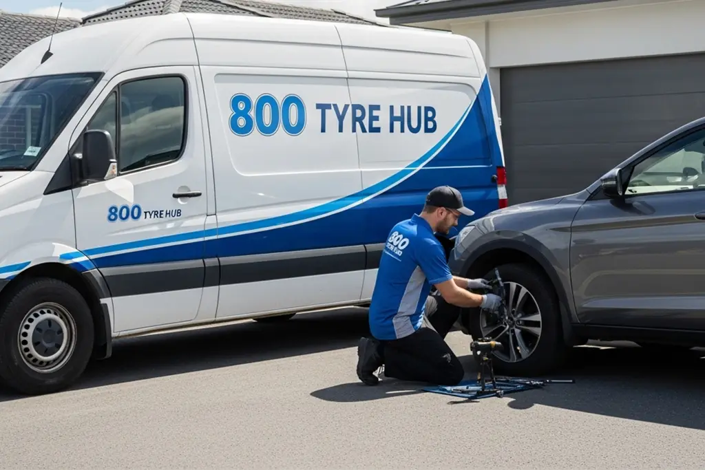 Technician repairing a punctured car tyre at home in Abu Dhabi during at-home tyre puncture repair service