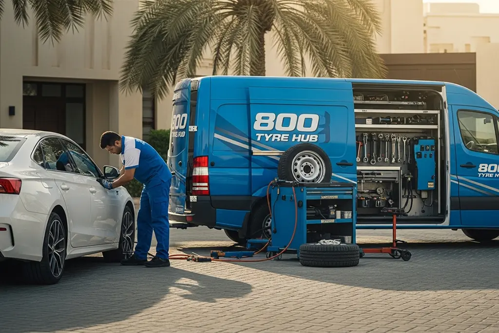 24-hour tyre repair technician carrying out tyre repair at the customer’s home location at any time of day or night