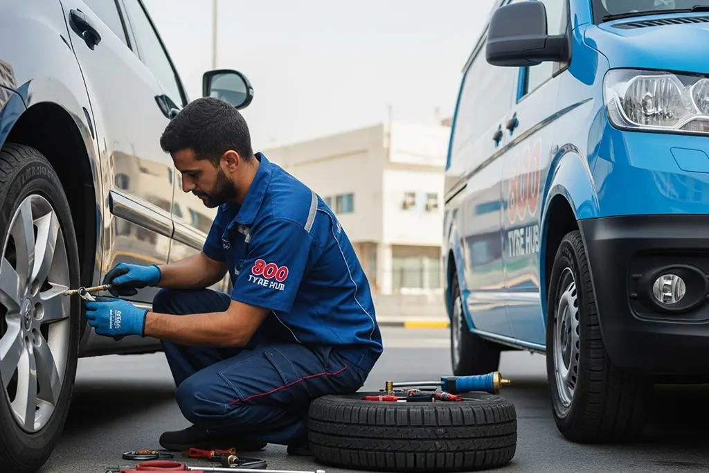 Technician repairing a tyre puncture in the bead area on a car tyre in Ajman