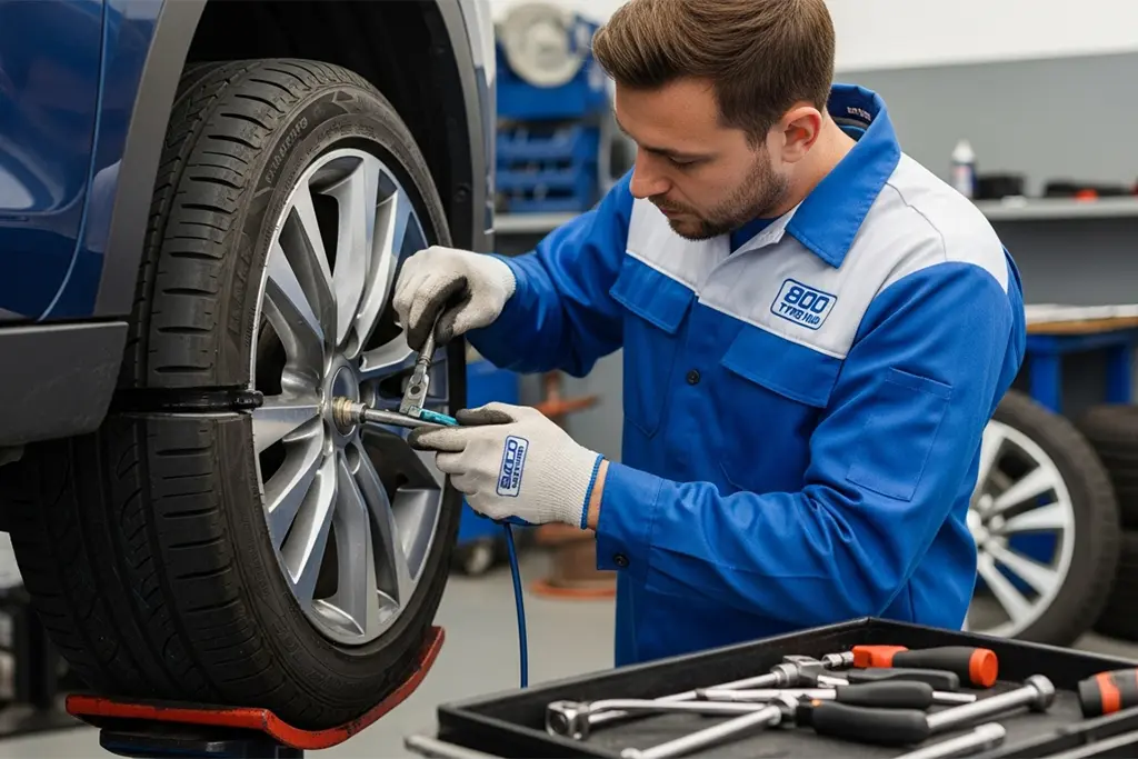 Tyre repair technician repairing the bead area of a tyre at the customer’s location in Ajman