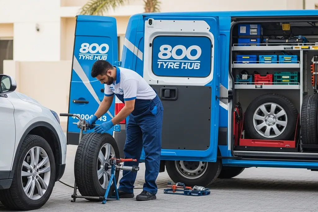 Tyre repair technician repairing the bead area of a tyre at the customer’s location in Ras Al Khaimah