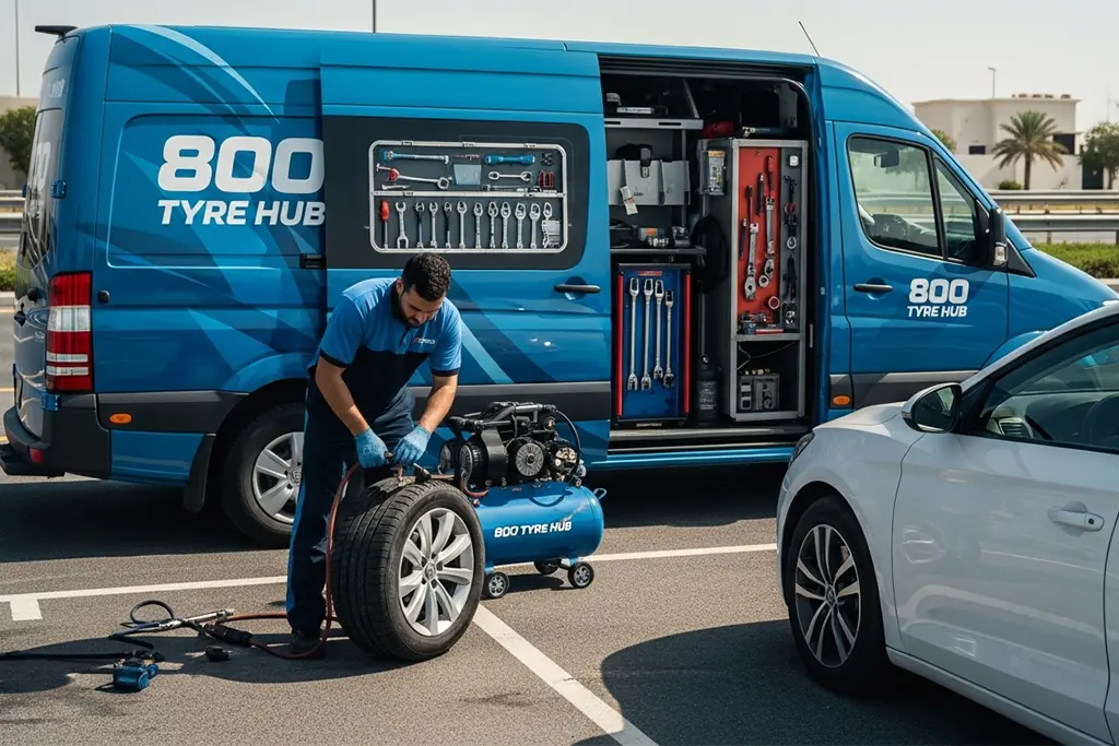 24-hour tyre repair technician sealing a bead leak on a car tyre at the roadside during night-time assistance