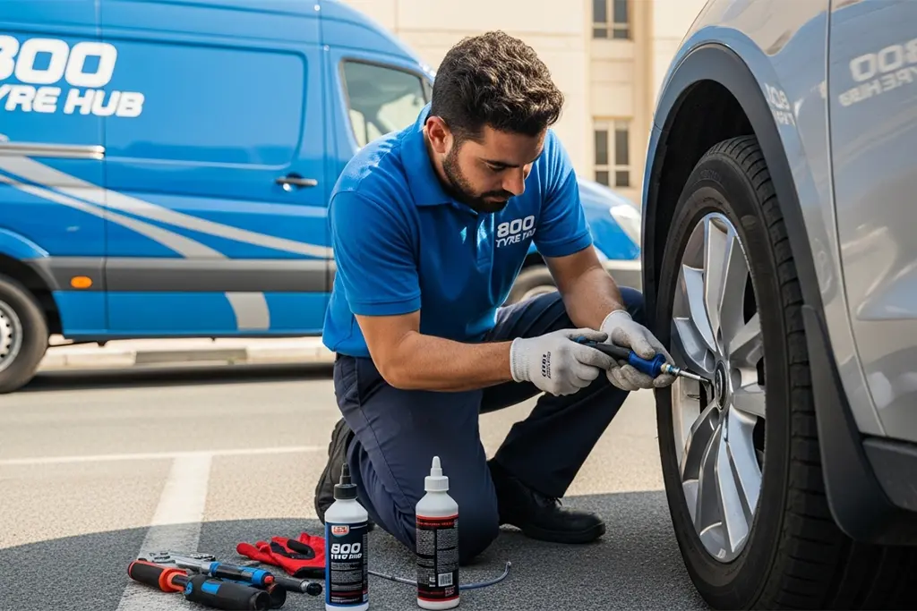Technician repairing a flat tyre caused by a bead area air leak
