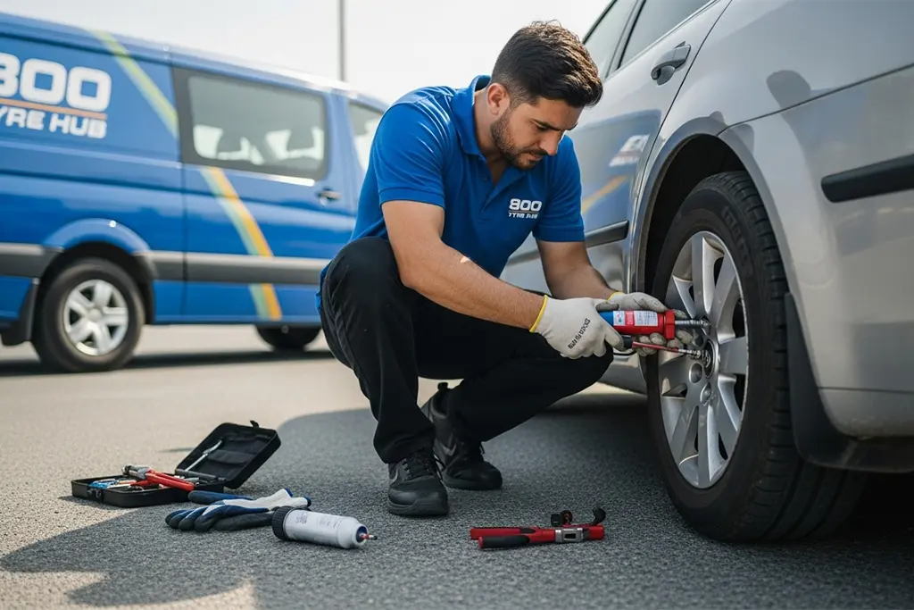 Technician repairing a flat tyre caused by a bead area air leak at the roadside