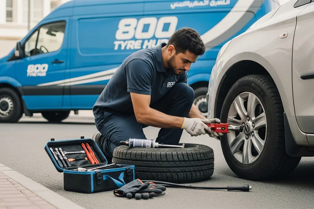 Technician repairing an emergency flat tyre caused by a bead area air leak