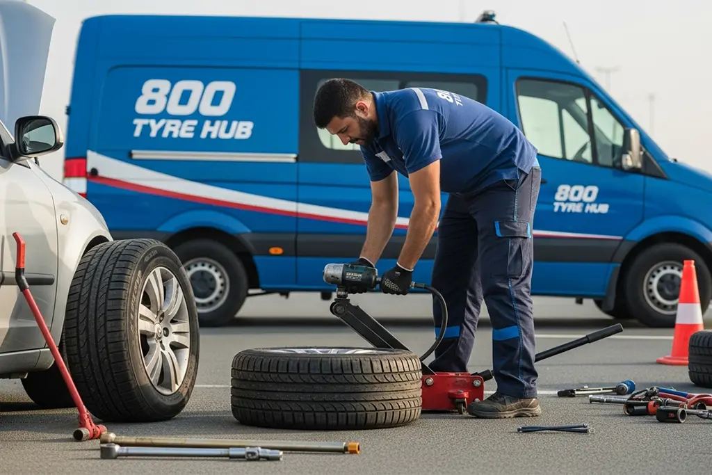 Technician handling a tyre blowout during 24/7 flat tyre repair service