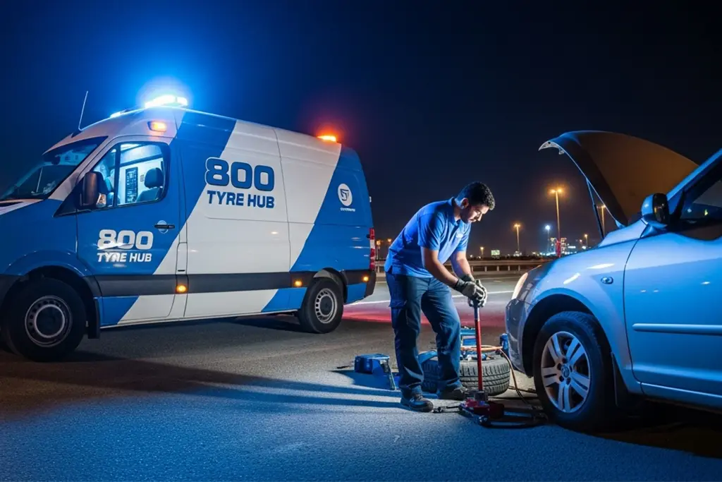 Technician performing emergency flat tyre repair service in Ras Al Khaimah