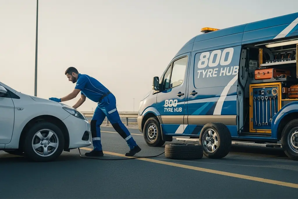 Technician providing on-site tyre repair at a home location using mobile service