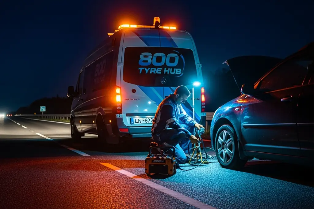 Technician urgently repairing a punctured car tyre in Abu Dhabi during emergency tyre puncture repair service