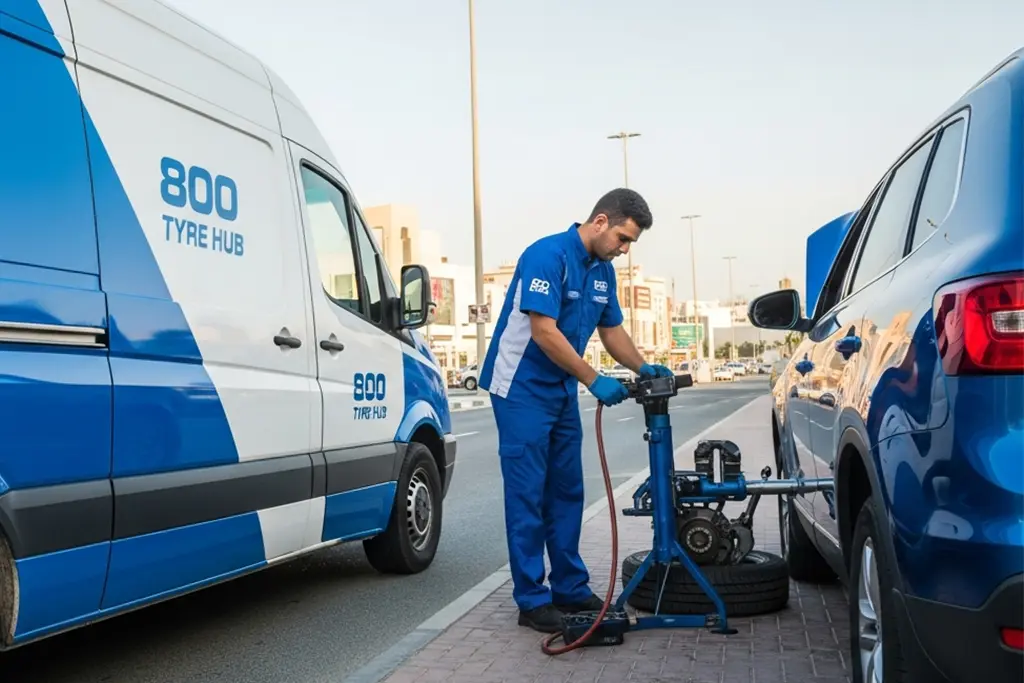 Technician performing mobile flat tyre repair service in Ras Al Khaimah