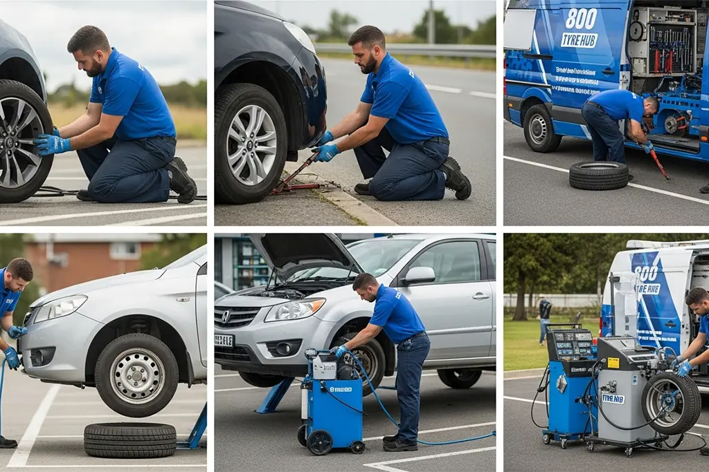Technician providing additional tyre services alongside roadside tyre puncture repair