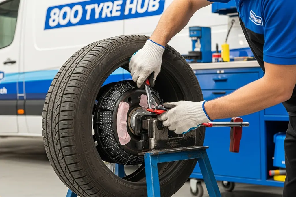 Tyre repair technician performing a patch repair on a tyre at the customer’s location in Abu Dhabi