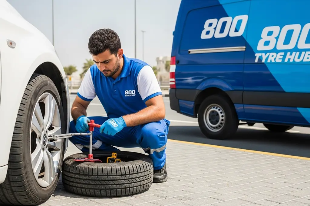 Technician performing patch repair on a tyre in Dubai