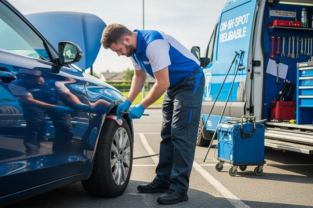 Technician repairing a tyre puncture using an internal patch repair at the customer’s home