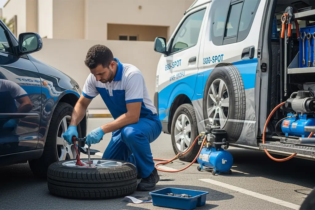 Technician urgently repairing a tyre puncture using an internal patch repair during emergency tyre puncture repair service