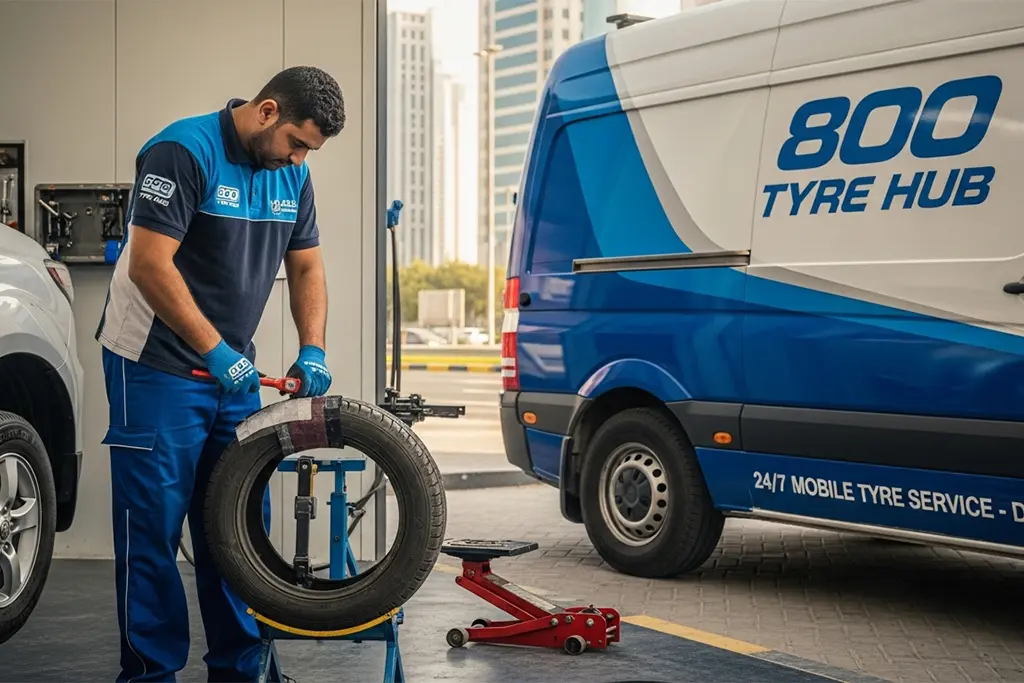 Technician repairing a tyre puncture in Dubai using an internal patch repair method