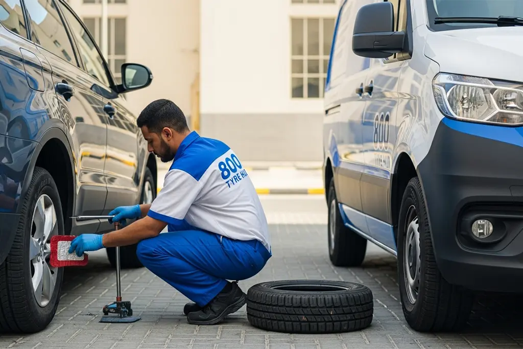 Technician repairing a tyre puncture in Ajman using an internal patch repair method