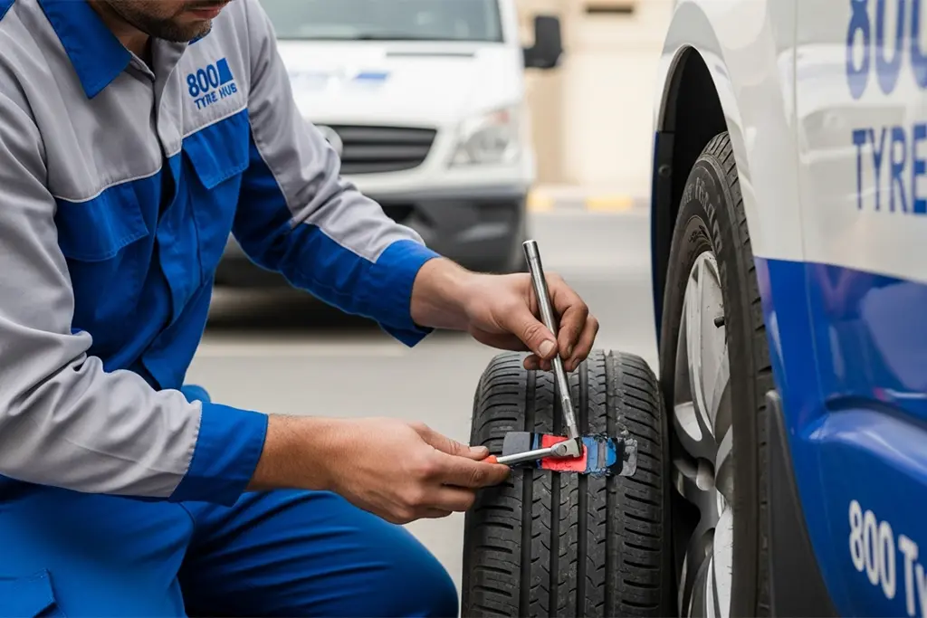 Technician repairing a tyre puncture in Ras Al Khaimah using an internal patch repair method