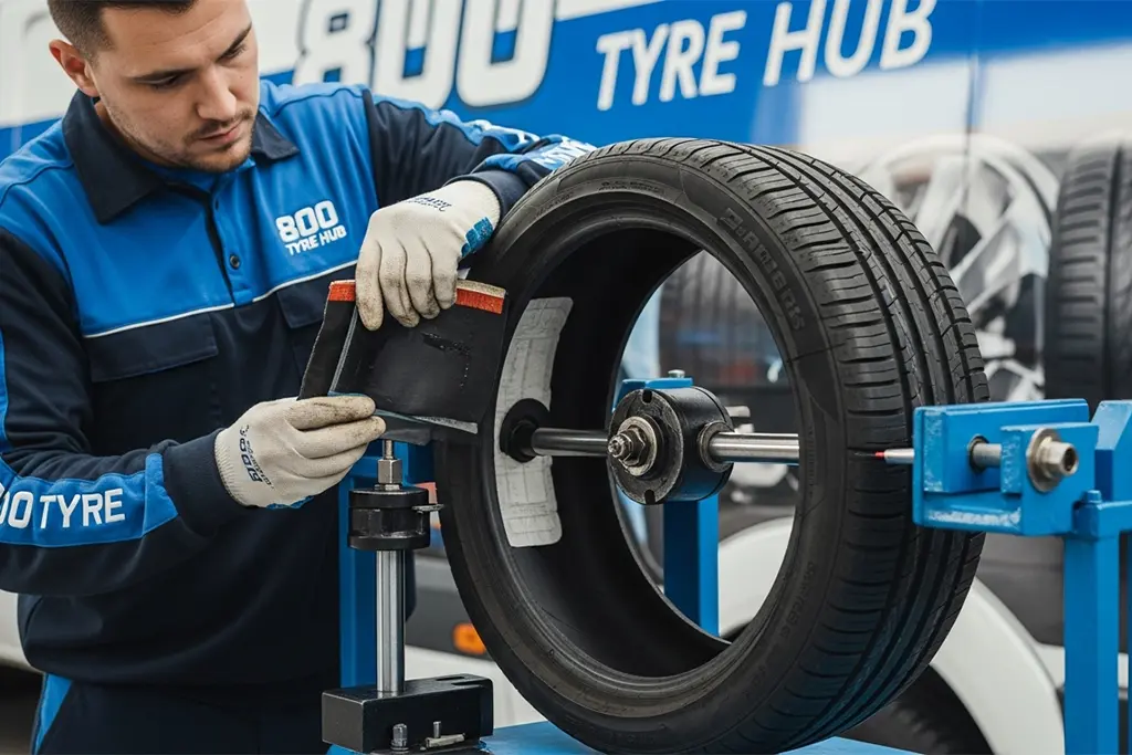 Tyre repair technician performing a plug and patch combination repair on a tyre at the customer’s location in Abu Dhabi