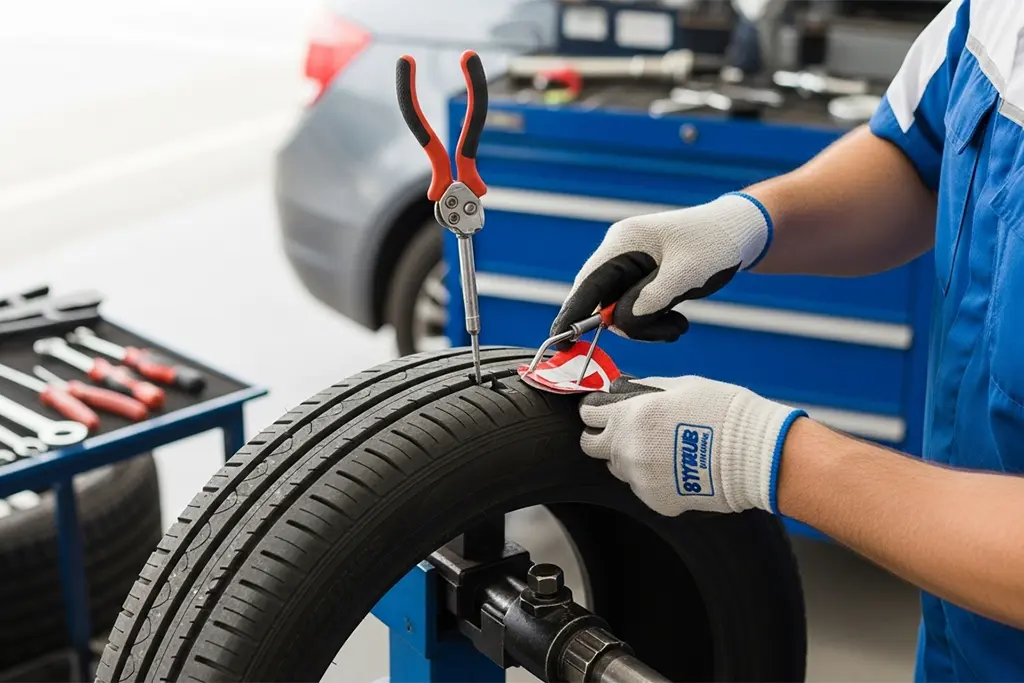 Tyre repair technician performing a plug and patch combination repair on a tyre at the customer’s location in Ajman