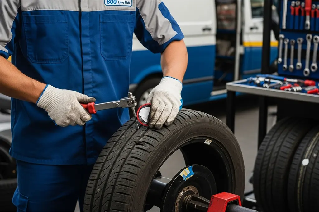 Technician performing plug and patch combination repair on a tyre in Sharjah