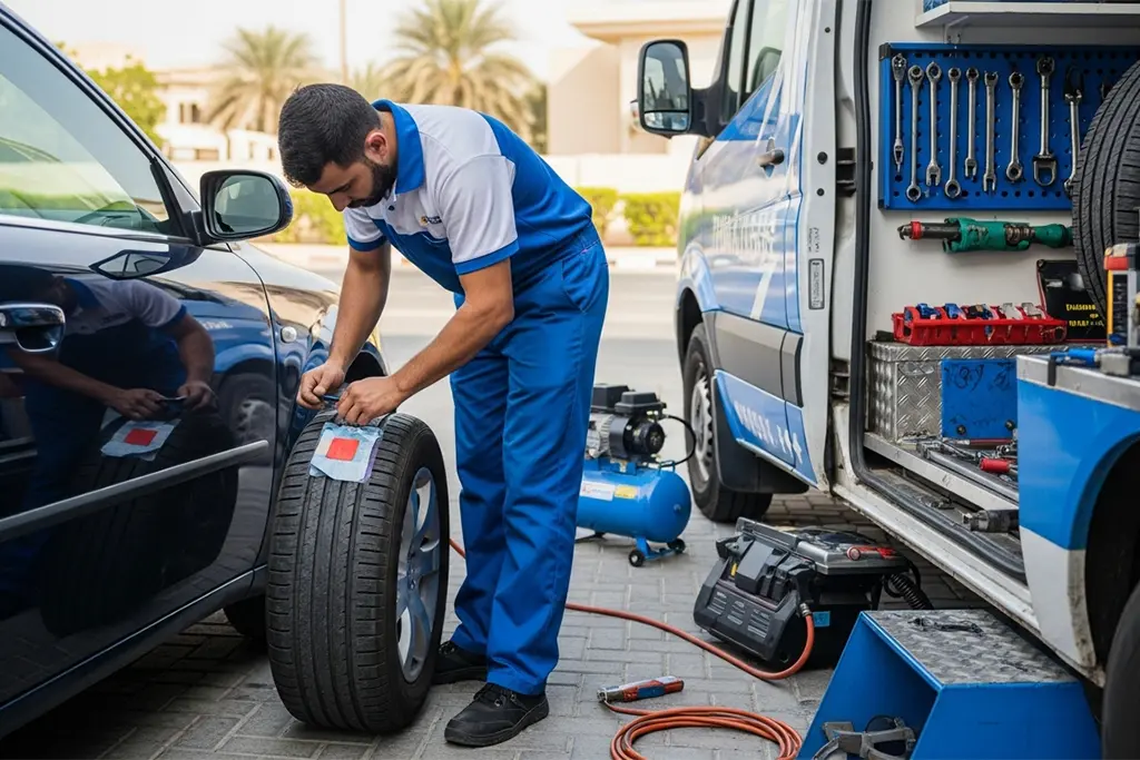 Technician urgently repairing a tyre puncture using a combined plug and patch method during emergency tyre puncture repair service