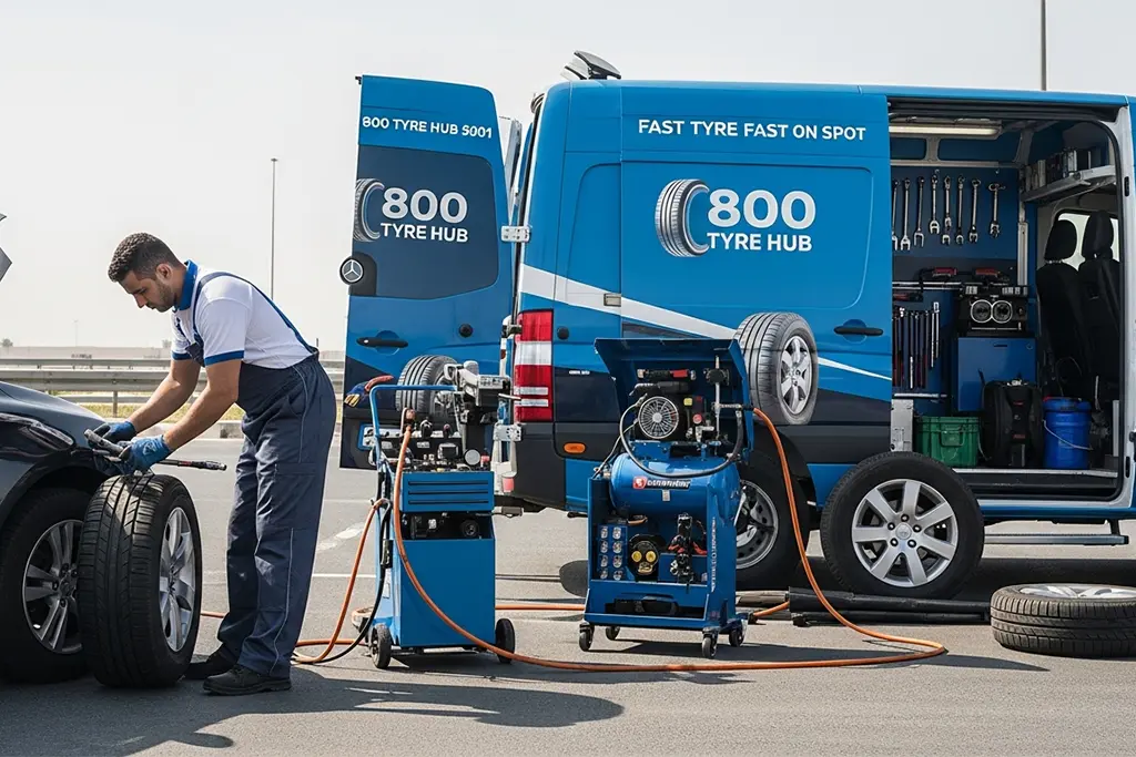Technician repairing a tyre puncture using a combined plug and patch method during 24-hour tyre puncture repair service