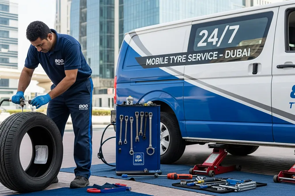 Technician repairing a tyre puncture in Dubai using a combined plug and patch repair method