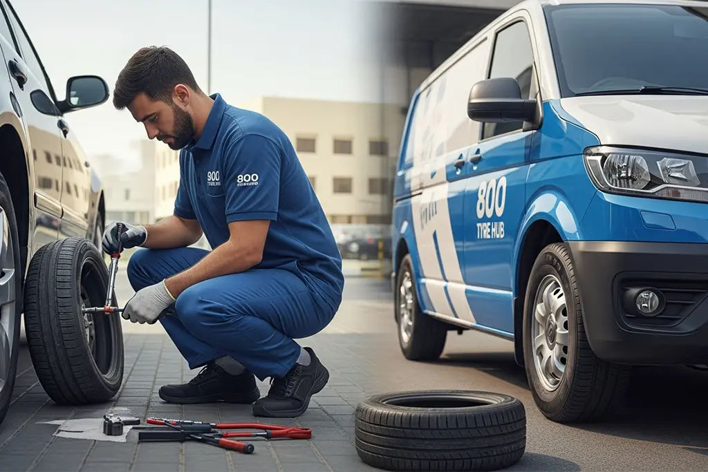 Technician repairing a tyre puncture in Ajman using a combined plug and patch repair method