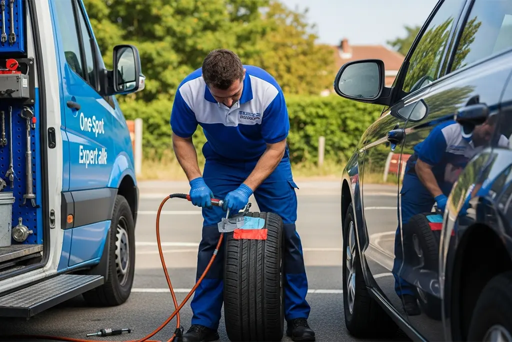 Technician repairing a tyre puncture using a combined plug and patch method on the roadside