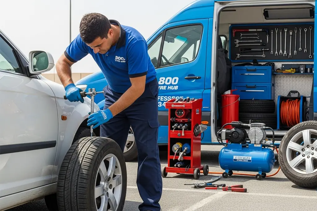 Technician repairing a tyre puncture using a plug repair method during 24-hour tyre puncture repair service