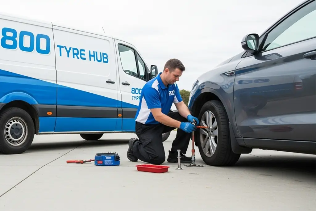 Technician repairing a tyre puncture in Abu Dhabi using a plug repair method