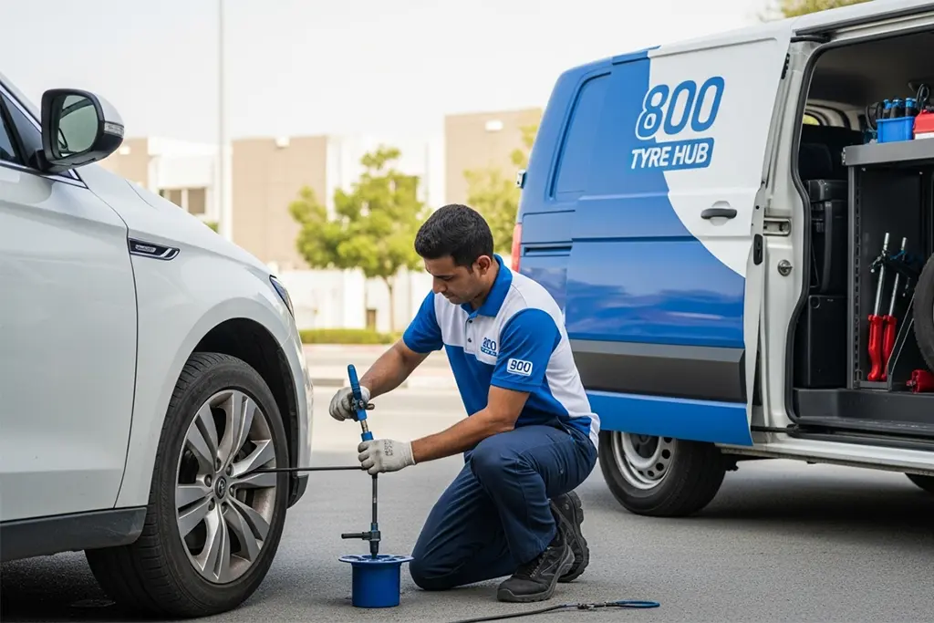 Tyre repair technician performing a plug repair on a tyre at the customer’s location in Ras Al Khaimah