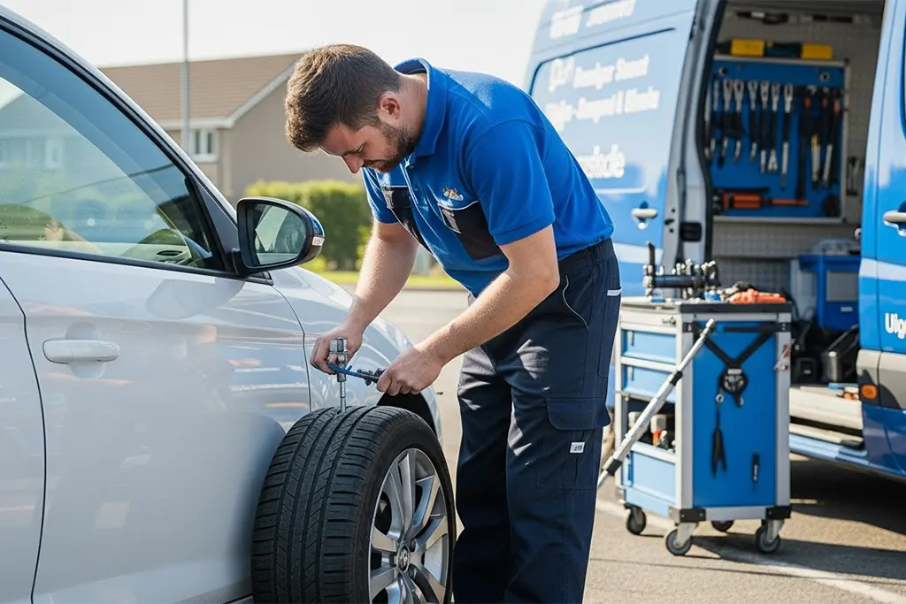 Technician repairing a tyre puncture using a plug repair method on the roadside
