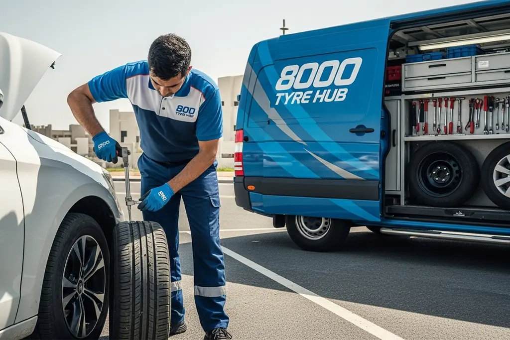 24-hour tyre repair technician fixing a tread area puncture on a car tyre at the roadside during late hours