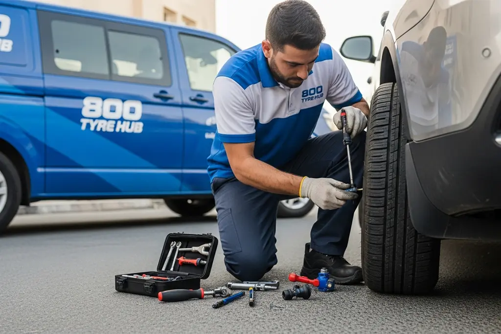 Technician repairing a flat tyre puncture in the tread area in Ajman