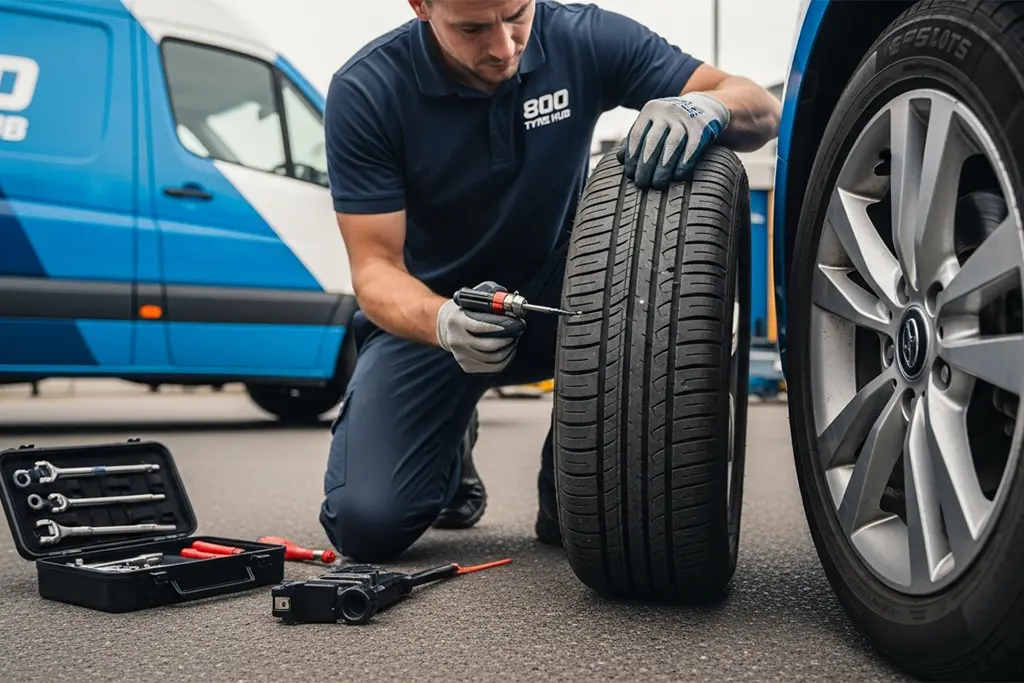Technician repairing an emergency flat tyre puncture in the tread area