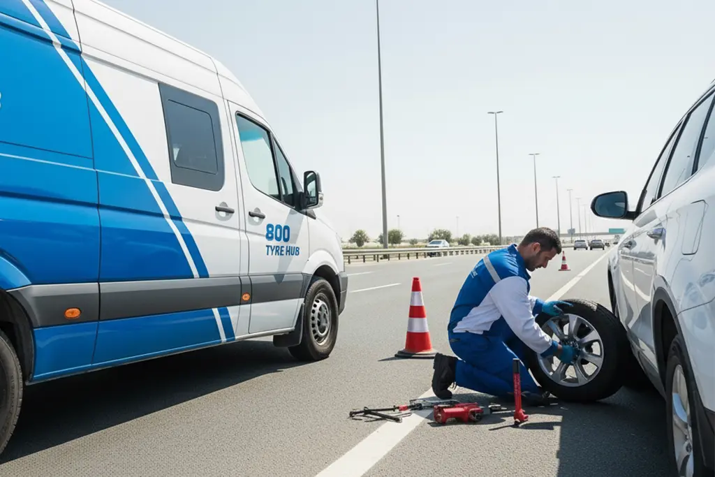 Technician performing roadside flat tyre repair service in Ras Al Khaimah